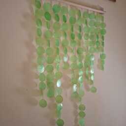 Soft Green Capiz Shell Curtain - Natural Seashell Wall Decor, Wood Dowel Hanger - thumbnail 3