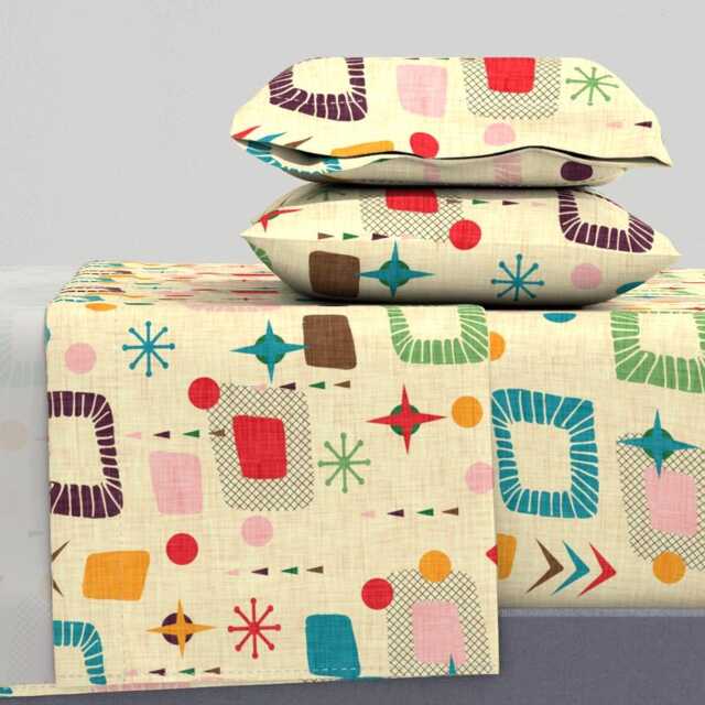 Retro Mod Sheets - 1950S Atomic Pattern By Bruxamagica Mid Century Modern Geometric Cotton Sateen Sheet Set Bedding Spoonflower - image 1