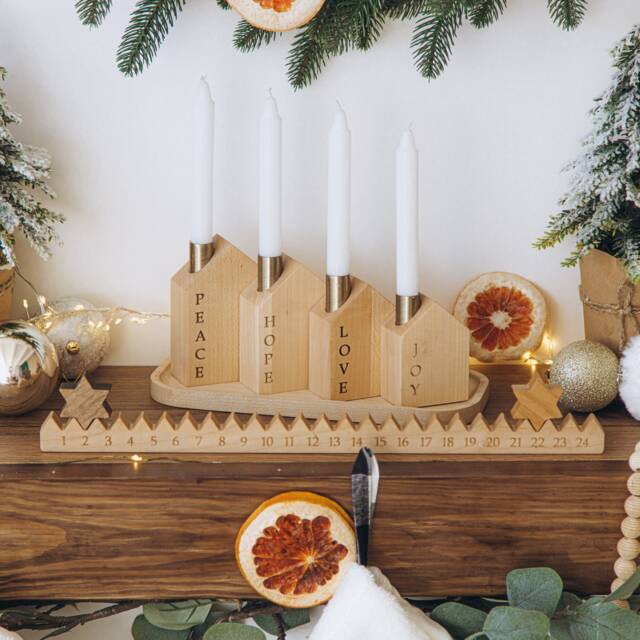 4 Weeks To Go, Christmas Countdown, Advent Candleholder Houses, Holiday Home Decor, Wooden Wreath, Table Centrepiece, Gift - image 1
