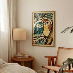 Owl Illustration Poster - Japanese Woodblock Style Birds Forest Animal Wall Art - thumbnail 2