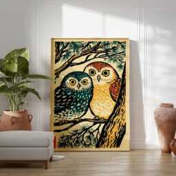 Owl Illustration Poster - Japanese Woodblock Style Birds Forest Animal Wall Art - thumbnail 3