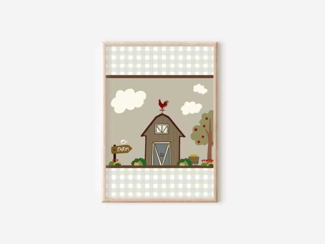 Neutral Gingham Farmyard Print. Children's Farm Print - Unframed