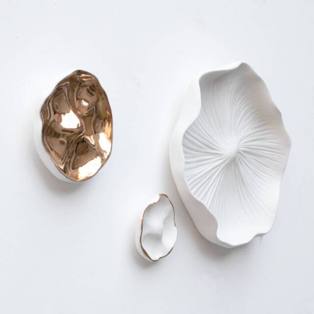 Porcelain Wall Sculpture With 24Ct Gold - Contemporary Ceramic Flower Art - Set Of 3 - image 1