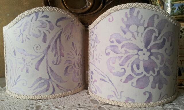 Pair Of Wall Sconce Clip-On Shield Shades Fortuny Fabric Lilac & White Cimarosa Pattern Mini Lampshade - Handmade in Italy - image 1