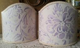 Pair Of Wall Sconce Clip-On Shield Shades Fortuny Fabric Lilac & White Cimarosa Pattern Mini Lampshade - Handmade in Italy - thumbnail 1