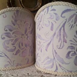 Pair Of Wall Sconce Clip-On Shield Shades Fortuny Fabric Lilac & White Cimarosa Pattern Mini Lampshade - Handmade in Italy - thumbnail 3