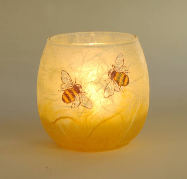 Hand Painted Bee Candle Holder Straw Silk Glass, Includes Led Tealight - image 1