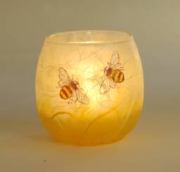Hand Painted Bee Candle Holder Straw Silk Glass, Includes Led Tealight