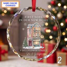 First Noel in Our New Home Glass Ornament, Personalized Townhouse Keepsake, Custom Family Address Gift With Snowy Trees & Festive Lights - thumbnail 2