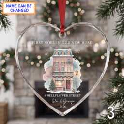 First Noel in Our New Home Glass Ornament, Personalized Townhouse Keepsake, Custom Family Address Gift With Snowy Trees & Festive Lights - thumbnail 3