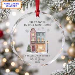 First Noel in Our New Home Glass Ornament, Personalized Townhouse Keepsake, Custom Family Address Gift With Snowy Trees & Festive Lights