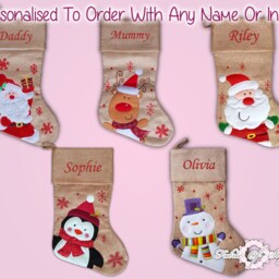 Personalised Christmas Stocking Luxury Embroidered Xmas Stockings Santa Reindeer Snowman Hessian - thumbnail 2