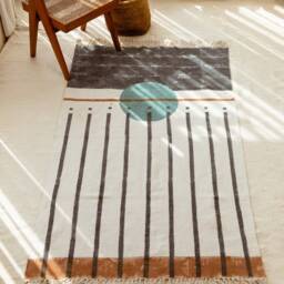 Handmade Cotton Dhurrie Rug Blue Moon Block Print, Boho Modern Rug - 4x6 - thumbnail 4