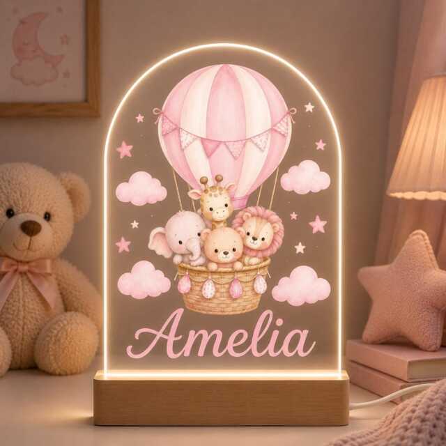 Personalised Night Light, Animals & Balloon, New Baby, 1st Birthday, Christening Gift, Nursery Light - image 1