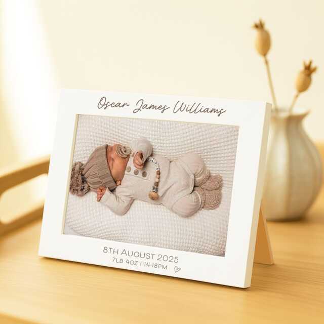 Personalised Baby Birth Details Photo Frame, Engraved White Frame For 6x4 5x7 & 8x6 Photographs - image 1