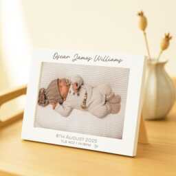 Personalised Baby Birth Details Photo Frame, Engraved White Frame For 6x4 5x7 & 8x6 Photographs - thumbnail 1
