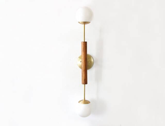 Double Glass Ball Shades & Wood Sconce Light White Brass Vanity Fixture Lamp Bathroom Wall Powder Room - image 1