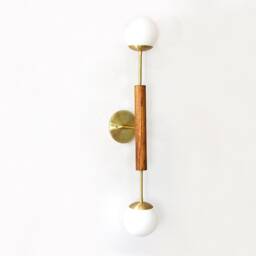 Double Glass Ball Shades & Wood Sconce Light White Brass Vanity Fixture Lamp Bathroom Wall Powder Room - thumbnail 2