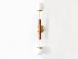 Double Glass Ball Shades & Wood Sconce Light White Brass Vanity Fixture Lamp Bathroom Wall Powder Room - thumbnail 1