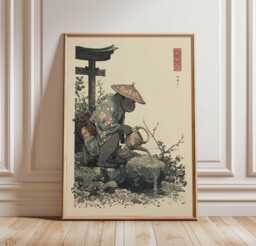 Japanese Monkey in Kimono Poster, Zen Garden Animal Art Print, Serene Watering Art, Peaceful Decor, Whimsical Wall - thumbnail 1