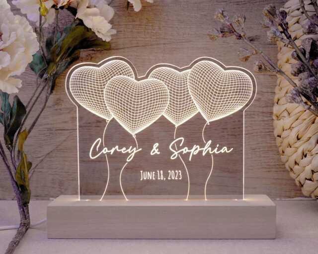Wedding Gift, Personalized Night Light With Names & Date, 3D Led Lamp Acrylic Anniversary Valentines Day Gift For Her - image 1