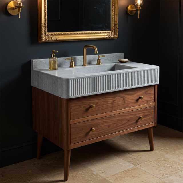 Fluted Carrara Marble Sink & Oak Vanity Set - Luxury Bathroom Ensemble M1F018 - image 1