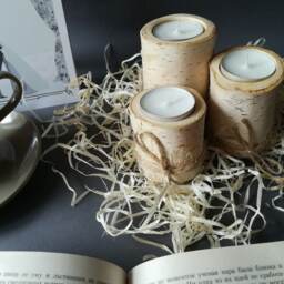 Wooden Candle Holder. Set Of 3 Pcs. Candlestick. Tree Birch Candle. Wood Tealight Tea Light Holder - thumbnail 2