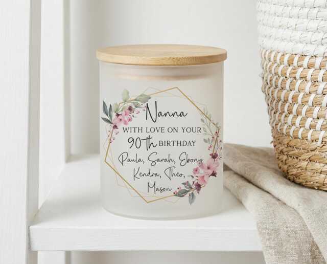 Personalised Frosted Glass Candle Jar With Wooden Lid, Any Age Birthday, 60Th 70Th 80Th 90Th, Cherry Blossom, Relation Nana Nanny Mum - image 1