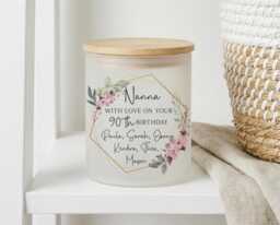 Personalised Frosted Glass Candle Jar With Wooden Lid, Any Age Birthday, 60Th 70Th 80Th 90Th, Cherry Blossom, Relation Nana Nanny Mum - thumbnail 1