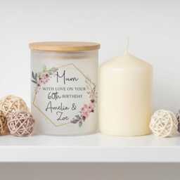 Personalised Frosted Glass Candle Jar With Wooden Lid, Any Age Birthday, 60Th 70Th 80Th 90Th, Cherry Blossom, Relation Nana Nanny Mum - thumbnail 2