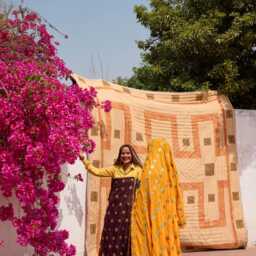 King Size Kantha Quilt, Hand Block Printed Cotton Comforter, Geometric Jaipur Bedding - thumbnail 3