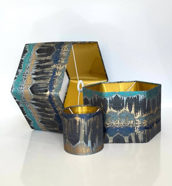 New Luxury Premium Quality Hexagon Abstract Design Lamp Shade Pendant Light Teal Blue With Brushed Gold Lining - image 1