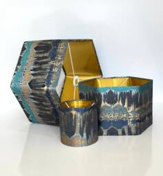 New Luxury Premium Quality Hexagon Abstract Design Lamp Shade Pendant Light Teal Blue With Brushed Gold Lining