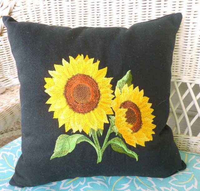 Embroidered Sunflower Pillow Cover Black Canvas Farmhouse Decor - image 1