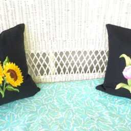 Embroidered Sunflower Pillow Cover Black Canvas Farmhouse Decor - thumbnail 3