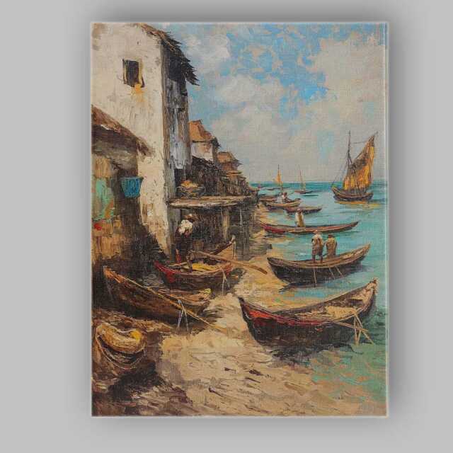 Traditional Coastal Fishing Village Wooden Boats Harbour Canvas Wall Art Print Decor Picture Ready To Hang - image 1