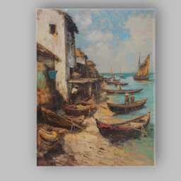 Traditional Coastal Fishing Village Wooden Boats Harbour Canvas Wall Art Print Decor Picture Ready To Hang - thumbnail 1