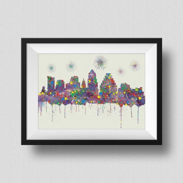 Austin Skyline Watercolor Print, Texas With Firework Ink Splash Poster Art, Print