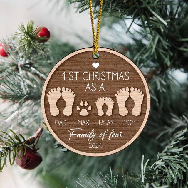 Personalized Our First Christmas As A Family Of Four Ornament, Baby's First Footprints, 2-Layered Wooden Ornament - image 1