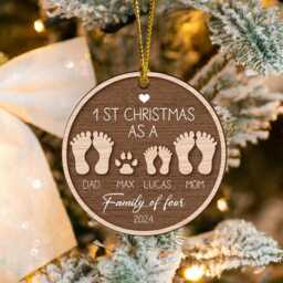 Personalized Our First Christmas As A Family Of Four Ornament, Baby's First Footprints, 2-Layered Wooden Ornament - thumbnail 2