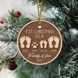 Personalized Our First Christmas As A Family Of Four Ornament, Baby's First Footprints, 2-Layered Wooden Ornament