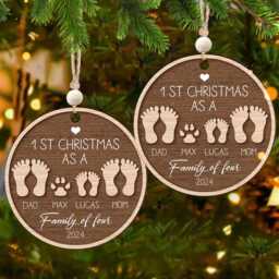 Personalized Our First Christmas As A Family Of Four Ornament, Baby's First Footprints, 2-Layered Wooden Ornament - thumbnail 3