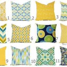 Outdoor Pillows Or Indoor Custom Cover Sizes Include 16x16, 18x18 - Shades Of Blue Aqua Royal Yellow Daffodil Modern Geometric Tribal Floral - thumbnail 2
