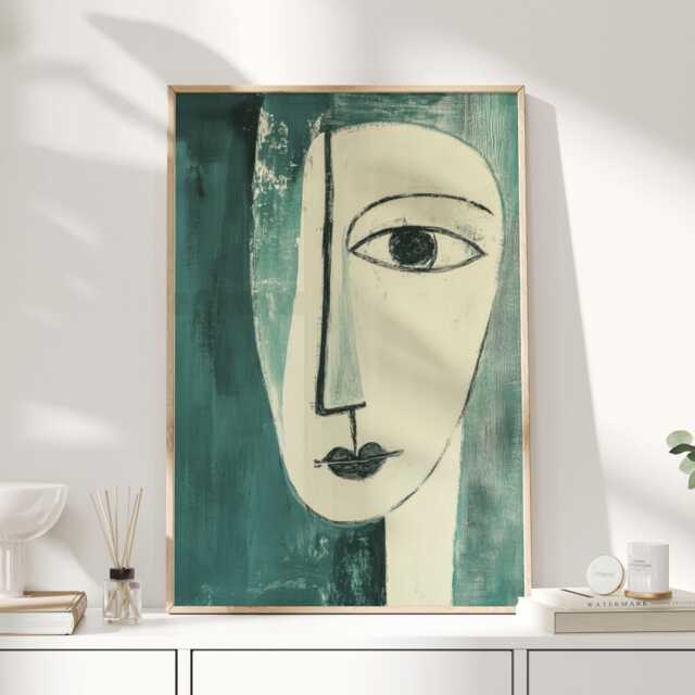 Abstract Face Print - Picasso Style Wall Art in Sage Green Modern Boho Portrait Poster For Contemporary Living Room Decor - image 1