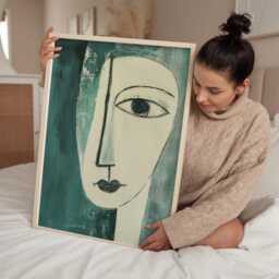 Abstract Face Print - Picasso Style Wall Art in Sage Green Modern Boho Portrait Poster For Contemporary Living Room Decor - thumbnail 3