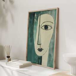 Abstract Face Print - Picasso Style Wall Art in Sage Green Modern Boho Portrait Poster For Contemporary Living Room Decor - thumbnail 2