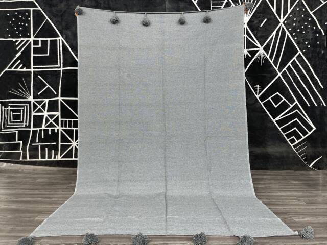 Handmade Moroccan Pom Cotton Blanket, Gray Berber Throw - image 1