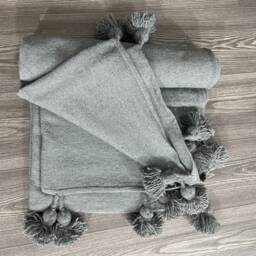 Handmade Moroccan Pom Cotton Blanket, Gray Berber Throw - thumbnail 4