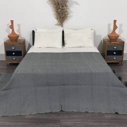 Handmade Moroccan Pom Cotton Blanket, Gray Berber Throw - thumbnail 2
