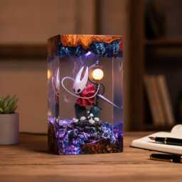 H0--0W Kn-.ght H0R.net Resin Lamp, Epic Gaming Diorama Night Light, Handcrafted Epoxy Wood Led Art, Unique Gamer Desk Decor Gift - thumbnail 3